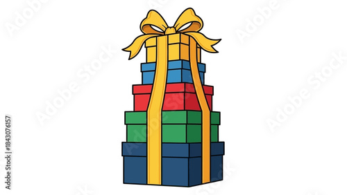 A colorful stack of four gift boxes wrapped with a yellow ribbon and bow, ready for a celebration.