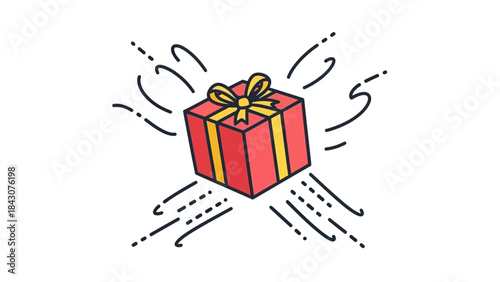 A vibrant red gift box with a golden yellow ribbon and bow, surrounded by dynamic lines suggesting excitement and a special delivery.