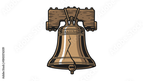 Stylized illustration of the historic Liberty Bell with its famous crack, depicted in a vintage brown and gold color palette on a white background.