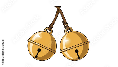 Two shiny golden jingle bells hanging from a brown strap, ready to make a festive sound.