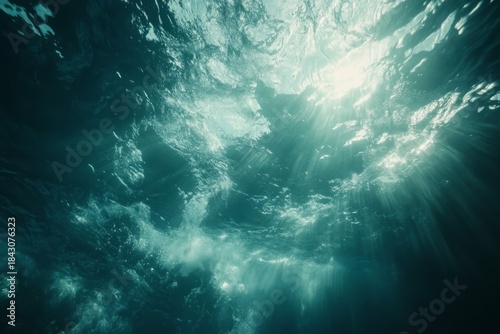 Underwater view of ocean surface with turbulent waves. AI image