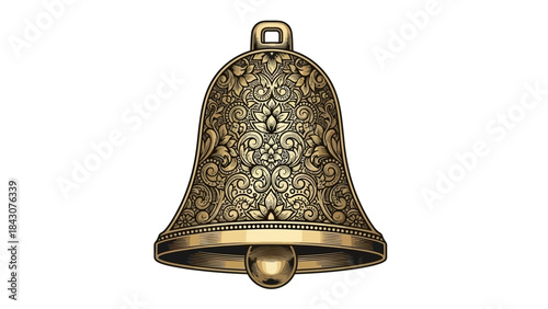 An intricately detailed antique brass bell featuring elegant floral and scrollwork patterns.