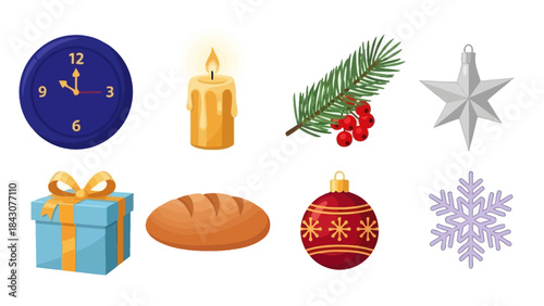 Set of Christmas decorations with candles, ornaments, gifts, ribbons, pine branches, and festive holiday elements