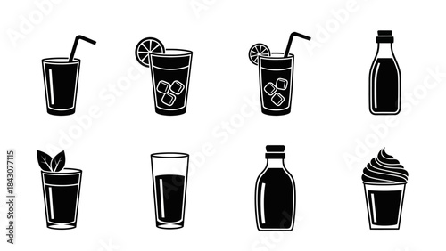 Variety of Beverages: A collection of various beverages, artfully arranged, each offering a unique refreshment option, from icy drinks to elegant bottles.