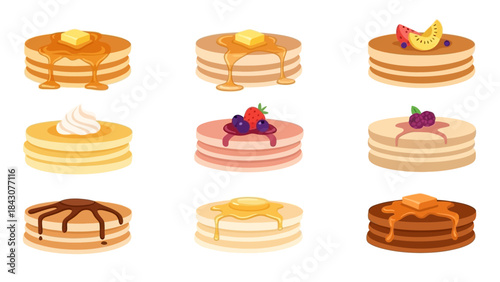 9 Icon Pancake Set – Colorful Breakfast Food Vector Illustrations