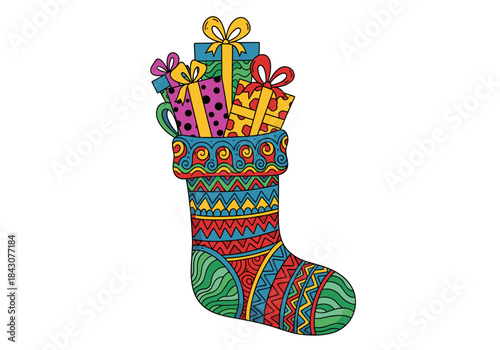 Christmas stocking filled with colorful gifts and decorations  