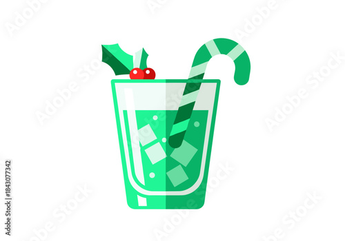 Mint green holiday drink with candy cane and holly decoration  