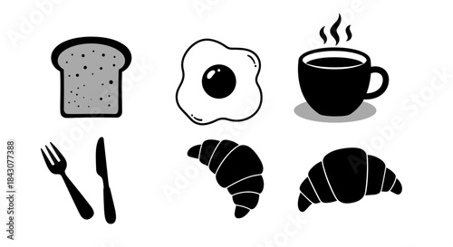 Breakfast food icons including coffee, egg, toast, and croissants  