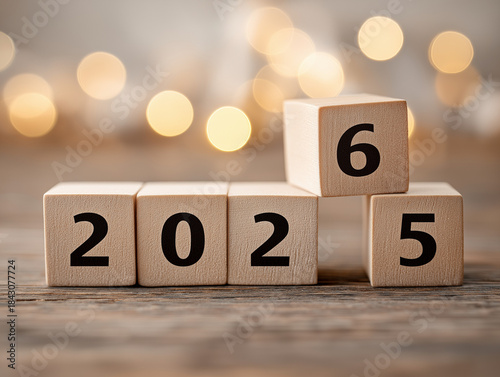 Wooden blocks transitioning from the year 2025 to 2026 against a festive bokeh background.