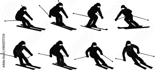 Skier silhouette vector set with dynamic downhill poses, winter gear, ski poles, motion stances for sport and design use