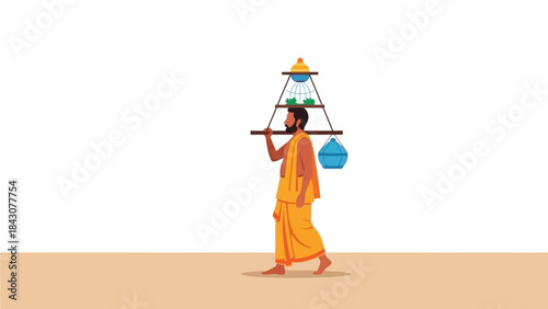 A clean flat design vector illustration depicting a devotee carrying a modest kavadi, symbolizing faith and sacrifice during the Thaipusam celebration
