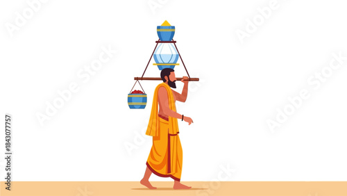 A clean flat design vector illustration depicting a devotee carrying a modest kavadi, symbolizing faith and sacrifice during the Thaipusam celebration