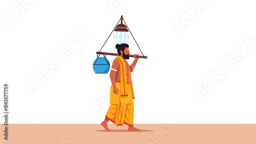 A clean flat design vector illustration depicting a devotee carrying a modest kavadi, symbolizing faith and sacrifice during the Thaipusam celebration