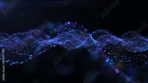 Futuristic digital particle wave abstract background with glowing blue and purple plexus network moving in a slow elegant motion