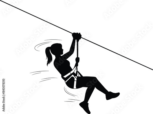 Silhouette of woman ziplining adventure sport, extreme outdoor activity illustration, female athlete riding cable, adrenaline rush vector art