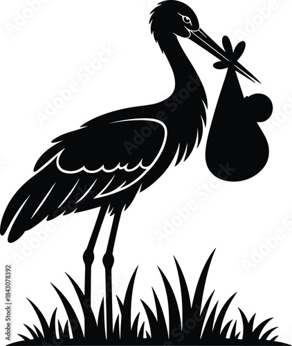 Silhouette stork bird carrying newborn baby bundle in beak standing on grass, symbol of birth, family, parenthood, and new beginnings vector illustration