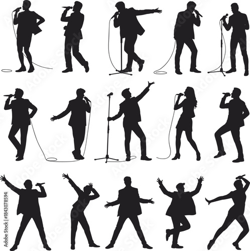 Singer and performer silhouettes holding microphones in concert stage poses vector illustration for music, entertainment, dance, and performance design