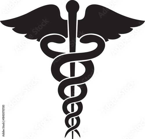 Black Caduceus Symbol with Wings and Snake Silhouette medical health
