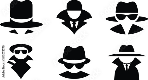 Spy agent silhouette icons in black and white style wearing hat and sunglasses for detective, privacy, security, and mystery illustration