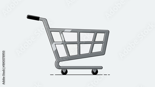 A simple grey shopping cart icon with a black handle and wheels on a light background, representing retail and commerce.