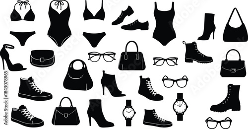 Black silhouette collection of women's fashion accessories and footwear vector