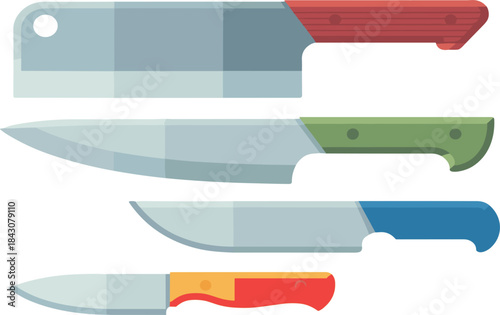 Kitchen knife illustration set featuring chef knife, cleaver, carving knife, and utility blades with colorful handles in clean vector style