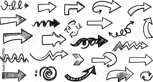 Collection of hand drawn black arrows and symbols on white background direction sign