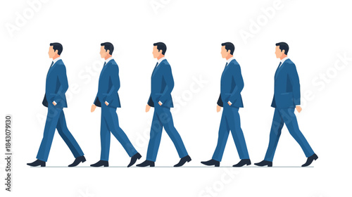 Sequence of businessmen in blue suits walking in a line, representing progress and career advancement