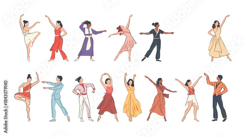 Collection of Diverse People Performing Various Dance Movements and Poses