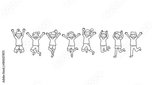 Illustration of happy kids jumping with joy and excitement in a line