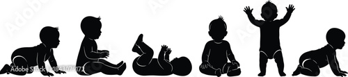 Baby silhouette, crawling, sitting, lying, standing, posture stages, motor development, child growth, black vector, minimalist design, parenting concept