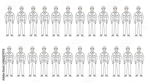 A Line of Identical Construction Workers Standing in a Uniform Row