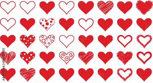 Collection of red hearts with various patterns and styles on white background love symbol