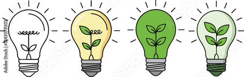 Four light bulbs with growing plants inside in different colors seedling sprout