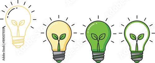 Four light bulbs with growing plants inside in yellow and green colors idea growth