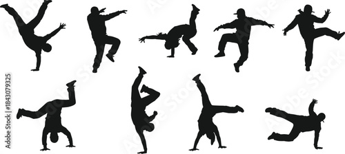 Silhouettes of male breakdancers performing acrobatic moves on white background vector