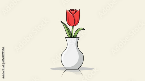A simple illustration of a single red tulip flower in a white vase on a light background.