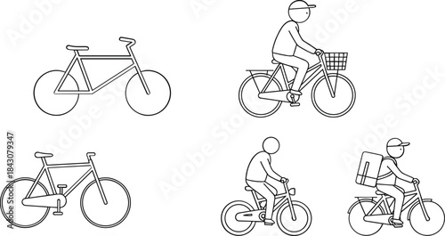 Simple Line Art Icons of Bicycles and Cyclists in Various Poses bike cycling