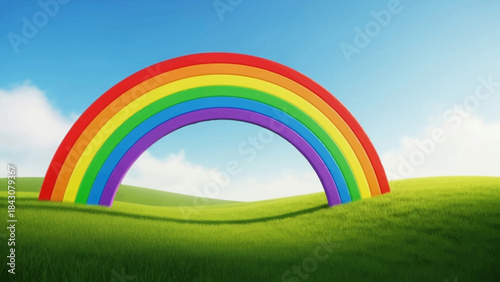 A vibrant rainbow arching over a lush green grassy hill under a clear blue sky, symbolizing hope and natural beauty.