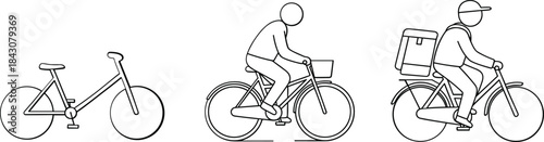Simple line art of a bicycle and two cyclists one with a basket one with a backpack bike cycling