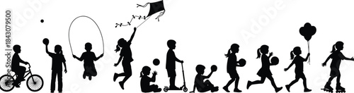 Children silhouette, outdoor play, active kids, ball games, cycling, kite flying, roller skating, vector illustration, childhood activity, black graphic