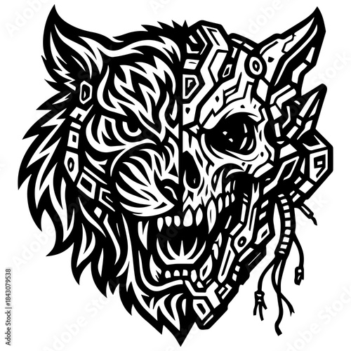 Cybernetic Tiger Skull Tribal Vector, Half Animal Half Robot Head Silhouette for Gaming Logo