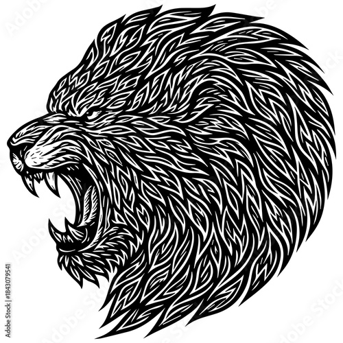 Tribal Lion Head Vector Illustration, Roaring Predator Lion Silhouette for Tattoo and Logo