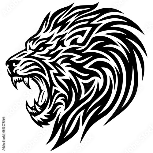 Tribal Lion Head Vector Illustration, Roaring Predator Lion Silhouette for Tattoo and Logo