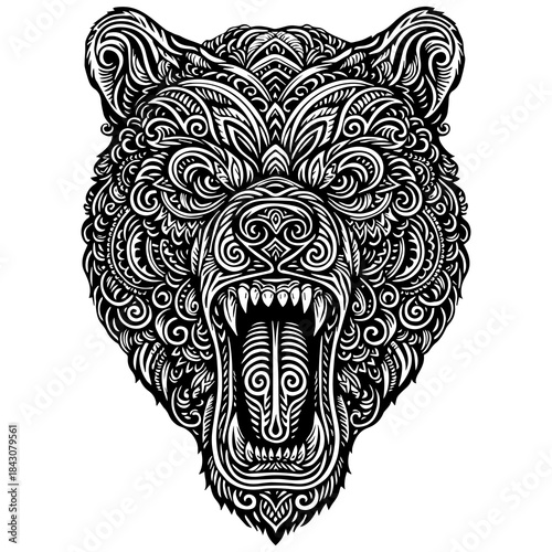 Ornamental Bear Head Illustration in Black and White Tribal Style