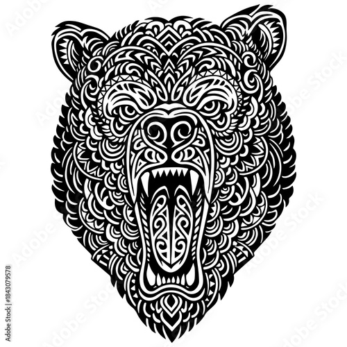 Ornamental Bear Head Illustration in Black and White Tribal Style