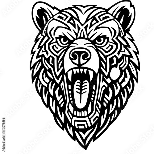 Ornamental Bear Head Illustration in Black and White Tribal Style