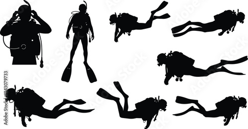 Vector set of scuba diver silhouettes in various underwater poses showing gear, motion, exploration, and aquatic activity