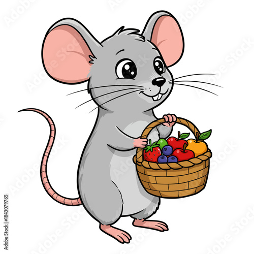 a cute cartoon mouse happily holding a woven basket of fresh colorful fruits perfect for healthy eating harvest or kids content