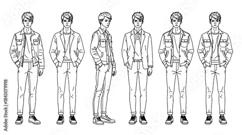 Line art illustration of a young man in casual attire, showcasing different poses and perspectives